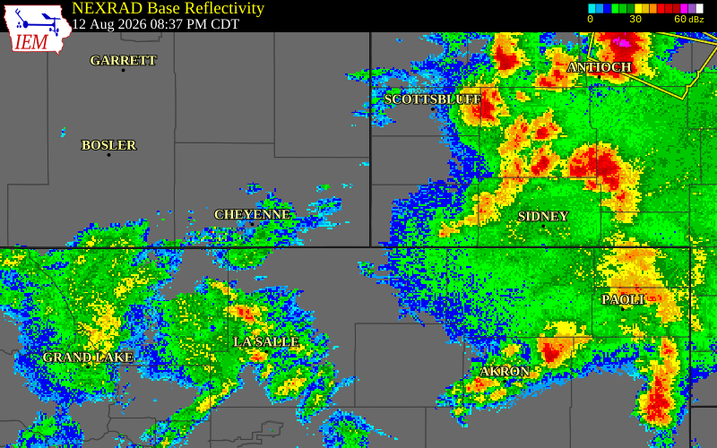 NEXRAD radar during the Wednesday, August 12, 2026 storm activity in Laramie County, Wyoming