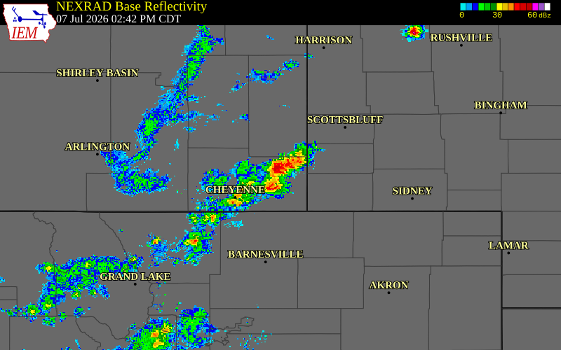 Radar snapshot during the Jul 7, 2026 tornado event near 4 SSE Gun Barrel, Laramie County, Wyoming, with NWS warning polygons