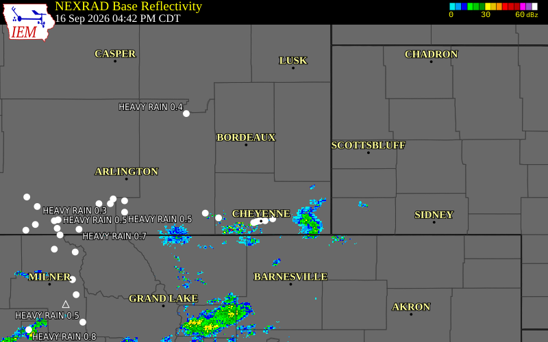 Current NEXRAD radar over Laramie County, Wyoming with recent storm report locations