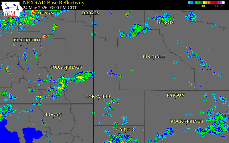 NEXRAD radar during the Sunday, May 24, 2026 storm activity in Lincoln County, Wyoming