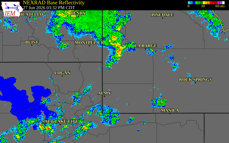 NEXRAD radar during the Saturday, June 27, 2026 storm activity in Lincoln County, Wyoming
