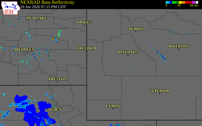 Radar snapshot during the Jun 19, 2026 wind event near 15 E Smoot, Lincoln County, Wyoming, with NWS warning polygons