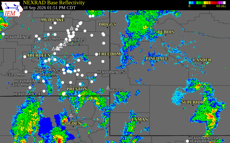 Current NEXRAD radar over Lincoln County, Wyoming with recent storm report locations