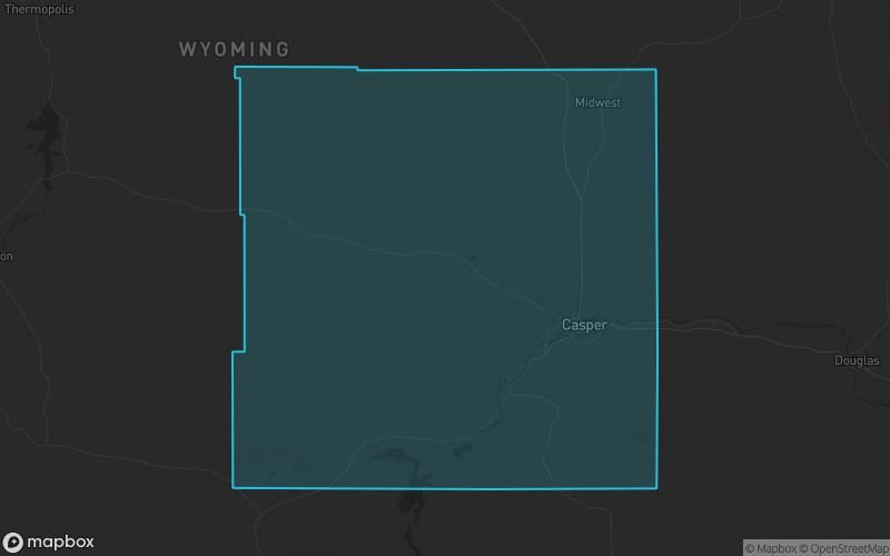 Map of Natrona County, Wyoming showing the county boundary and surrounding cities