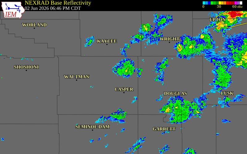 NEXRAD radar during the Tuesday, June 2, 2026 storm activity in Natrona County, Wyoming