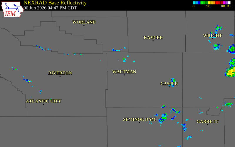 NEXRAD radar during the Saturday, June 6, 2026 storm activity in Natrona County, Wyoming