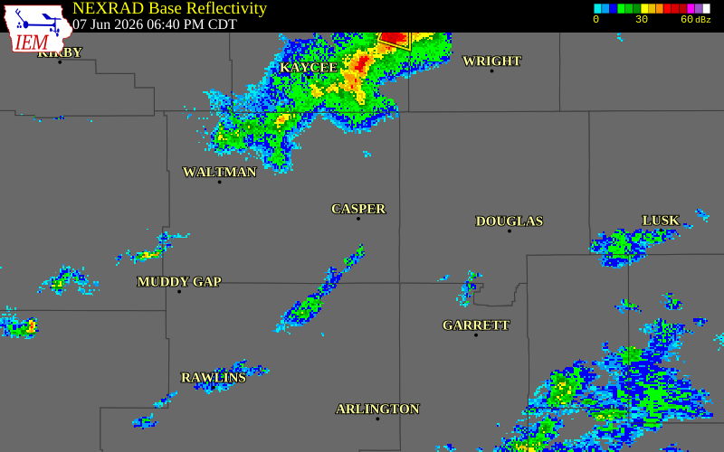NEXRAD radar during the Sunday, June 7, 2026 storm activity in Natrona County, Wyoming