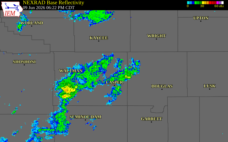 NEXRAD radar during the Tuesday, June 9, 2026 storm activity in Natrona County, Wyoming