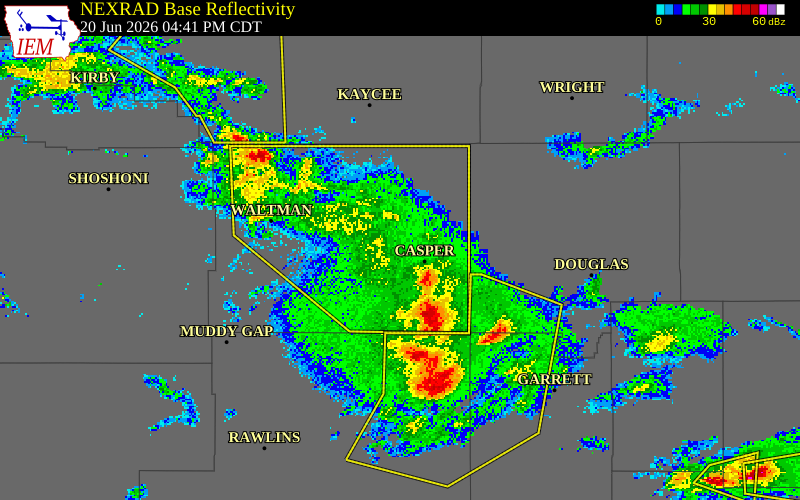 NEXRAD radar during the Saturday, June 20, 2026 storm activity in Natrona County, Wyoming