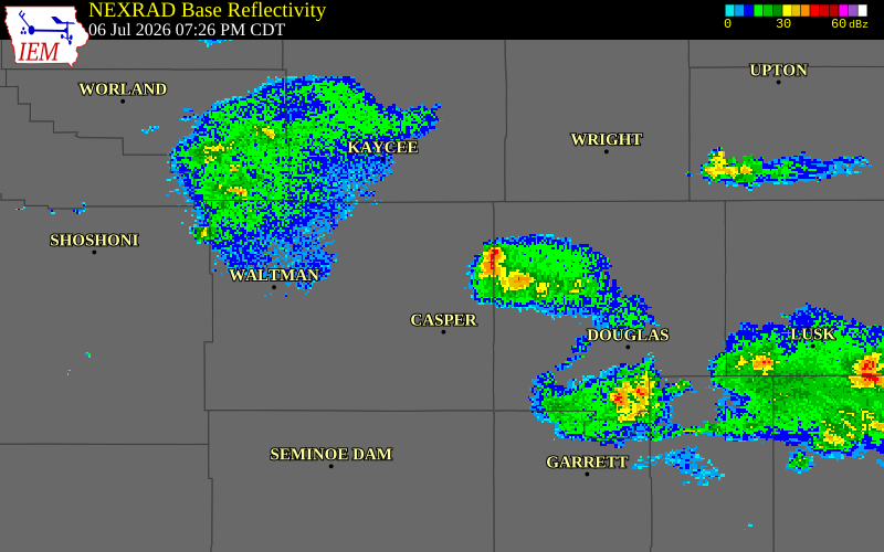 NEXRAD radar during the Monday, July 6, 2026 storm activity in Natrona County, Wyoming