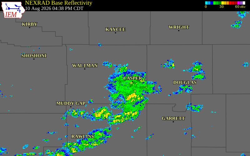 NEXRAD radar during the Monday, August 10, 2026 storm activity in Natrona County, Wyoming