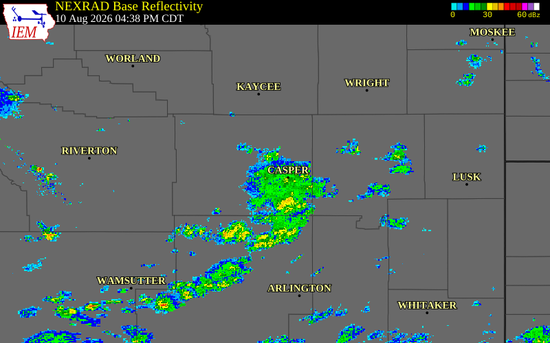 Radar snapshot during the Aug 10, 2026 wind event near 6 NW Mills, Natrona County, Wyoming, with NWS warning polygons