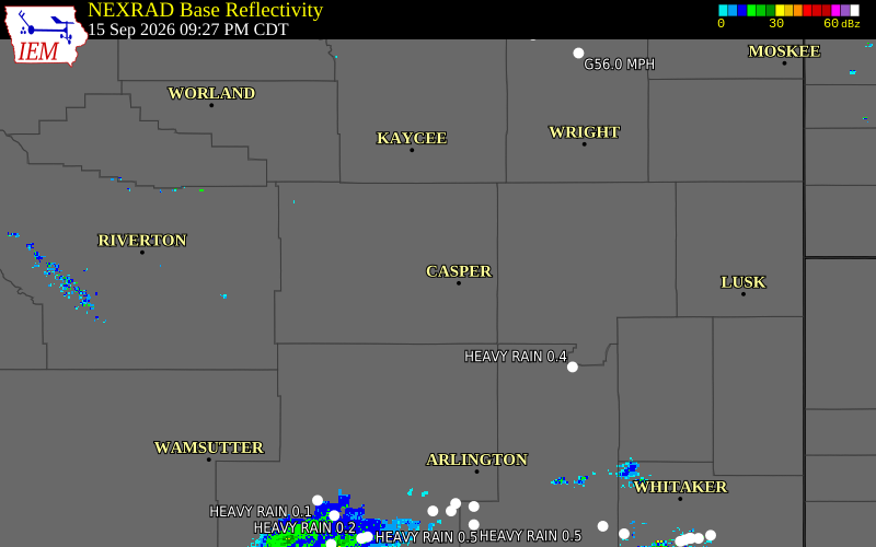Current NEXRAD radar over Natrona County, Wyoming with recent storm report locations