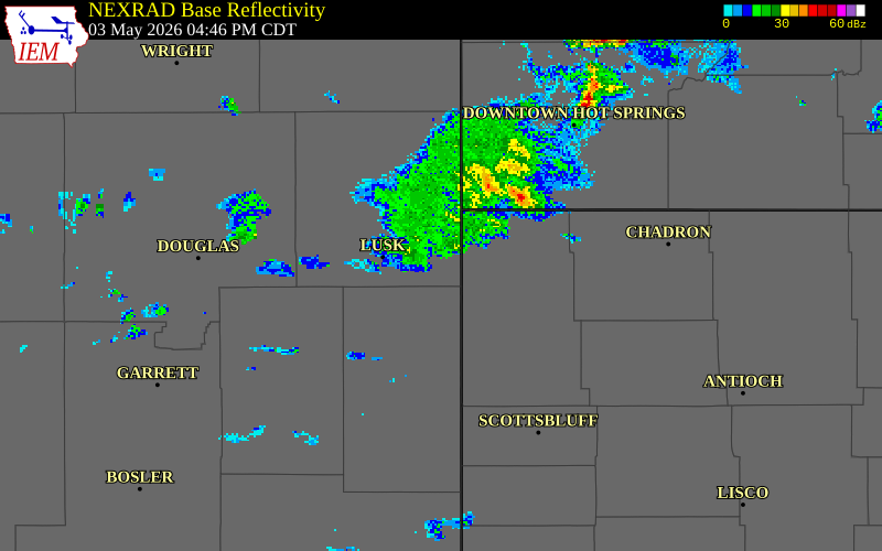NEXRAD radar during the Sunday, May 3, 2026 storm activity in Niobrara County, Wyoming