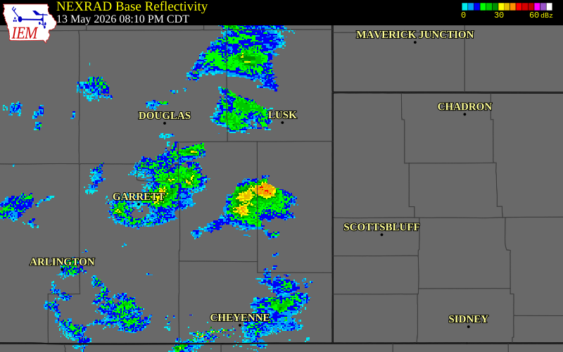 NEXRAD radar during the Wednesday, May 13, 2026 storm activity in Niobrara County, Wyoming