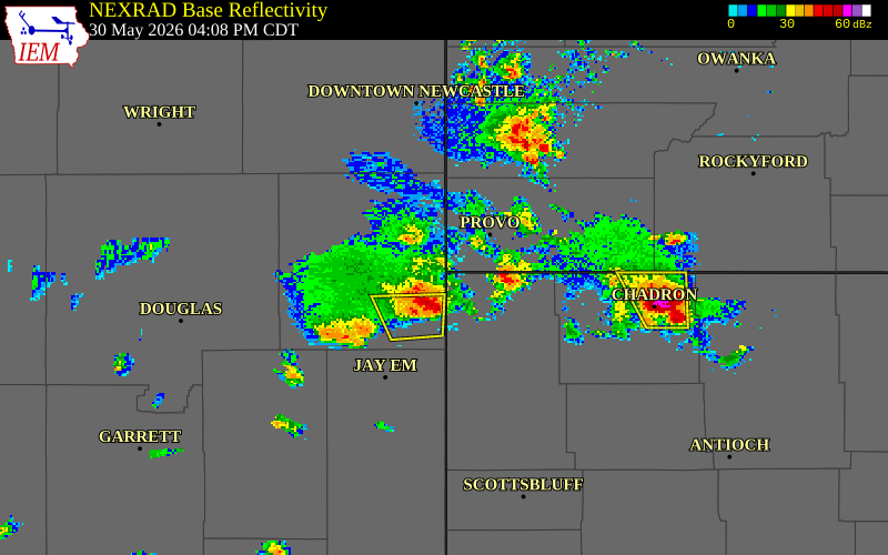 NEXRAD radar during the Saturday, May 30, 2026 storm activity in Niobrara County, Wyoming
