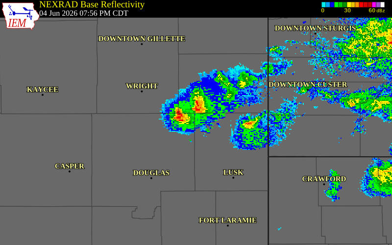 NEXRAD radar during the Thursday, June 4, 2026 storm activity in Niobrara County, Wyoming