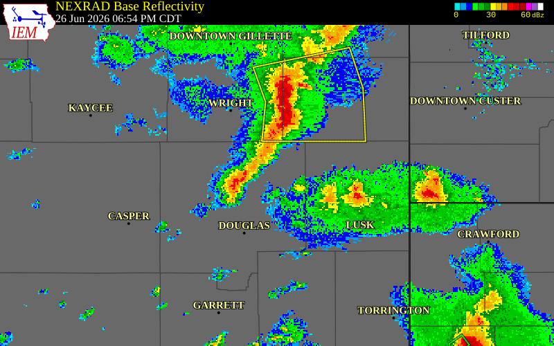 NEXRAD radar during the Friday, June 26, 2026 storm activity in Niobrara County, Wyoming