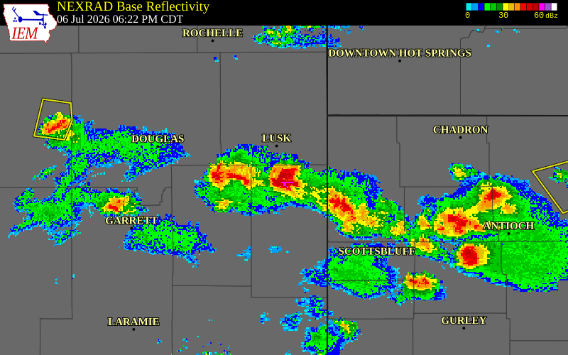 NEXRAD radar during the Monday, July 6, 2026 storm activity in Niobrara County, Wyoming