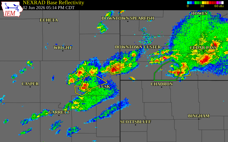Radar snapshot during the Jun 2, 2026 hail event near 3 E Redbird, Niobrara County, Wyoming, with NWS warning polygons