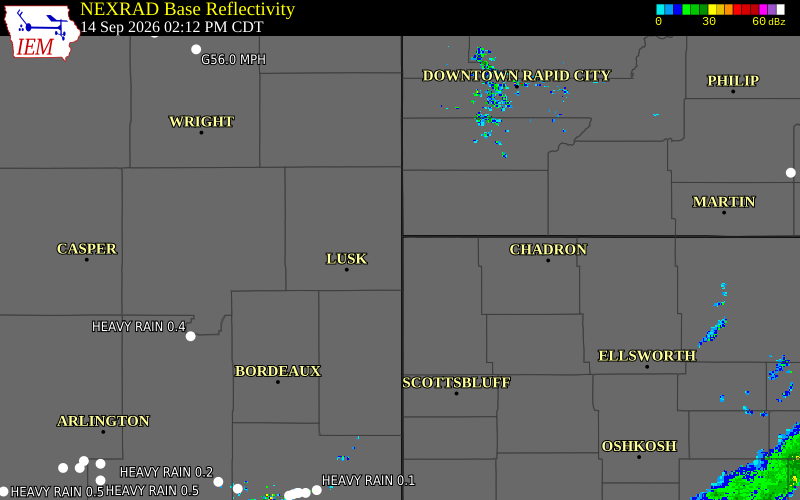 Current NEXRAD radar over Niobrara County, Wyoming with recent storm report locations