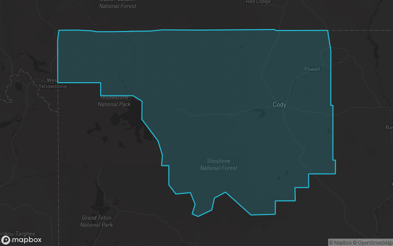 Map of Park County, Wyoming showing the county boundary and surrounding cities