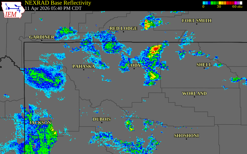 NEXRAD radar during the Saturday, April 11, 2026 storm activity in Park County, Wyoming
