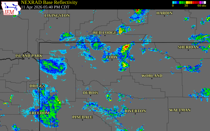 Radar snapshot during the Apr 11, 2026 wind event near 11 SE Wapiti, Park County, Wyoming, with NWS warning polygons