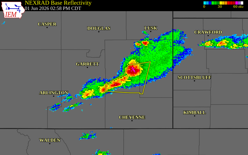 NEXRAD radar during the Monday, June 1, 2026 storm activity in Platte County, Wyoming