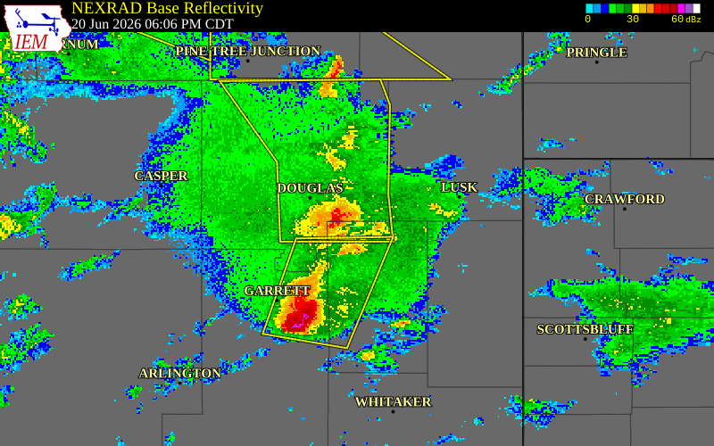 NEXRAD radar during the Saturday, June 20, 2026 storm activity in Platte County, Wyoming