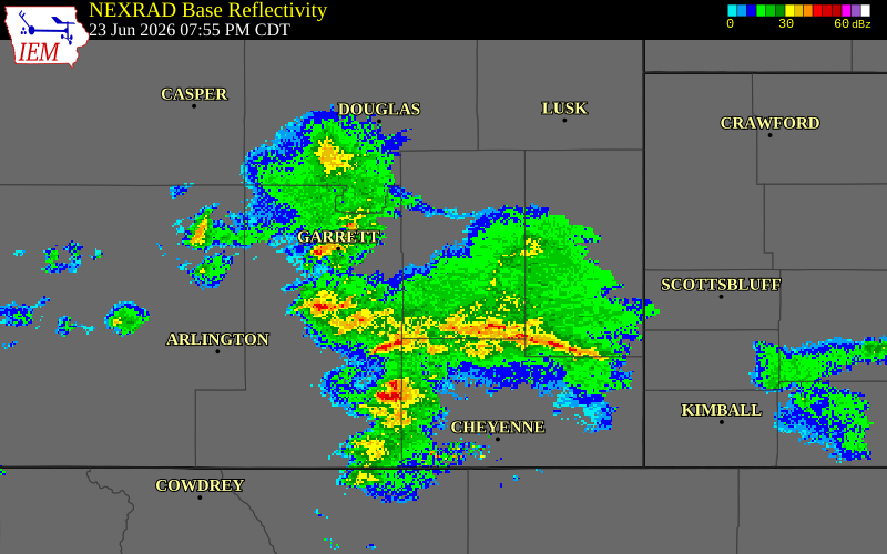 NEXRAD radar during the Tuesday, June 23, 2026 storm activity in Platte County, Wyoming