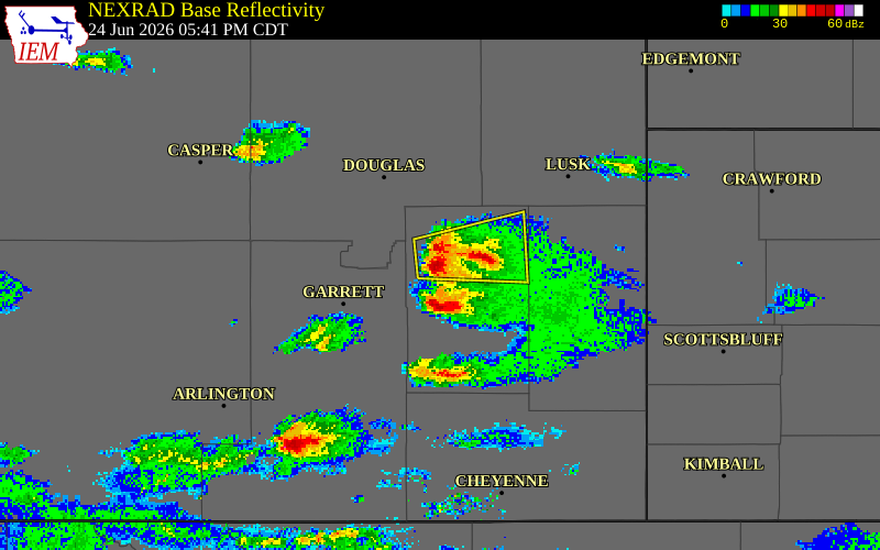 NEXRAD radar during the Wednesday, June 24, 2026 storm activity in Platte County, Wyoming