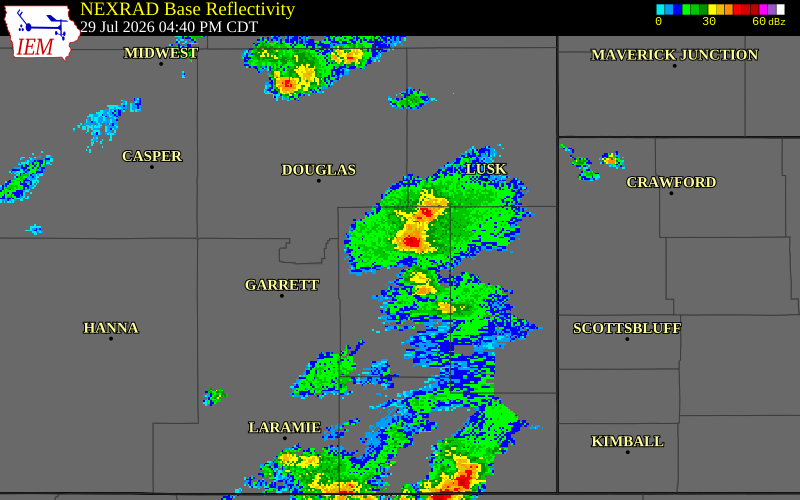 NEXRAD radar during the Wednesday, July 29, 2026 storm activity in Platte County, Wyoming