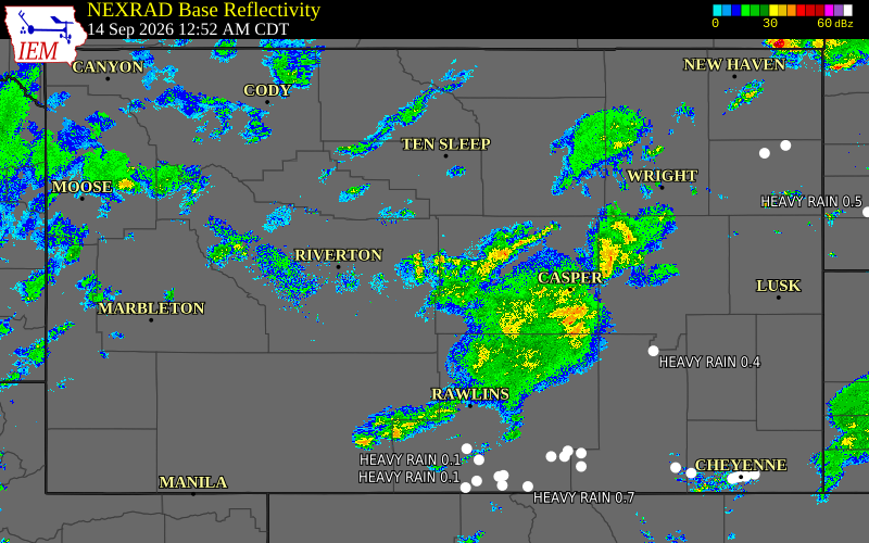 Current NEXRAD radar across Wyoming with recent storm report locations