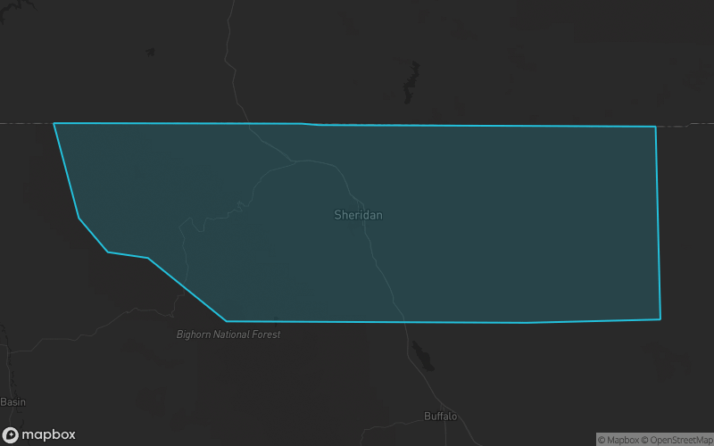 Map of Sheridan County, Wyoming showing the county boundary and surrounding cities