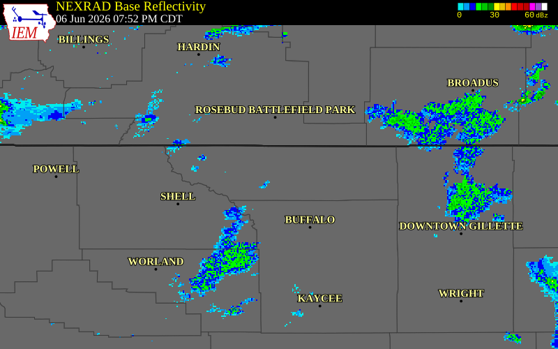 NEXRAD radar during the Saturday, June 6, 2026 storm activity in Sheridan County, Wyoming