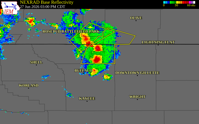 NEXRAD radar during the Saturday, June 27, 2026 storm activity in Sheridan County, Wyoming