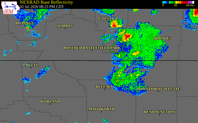 NEXRAD radar during the Thursday, July 2, 2026 storm activity in Sheridan County, Wyoming