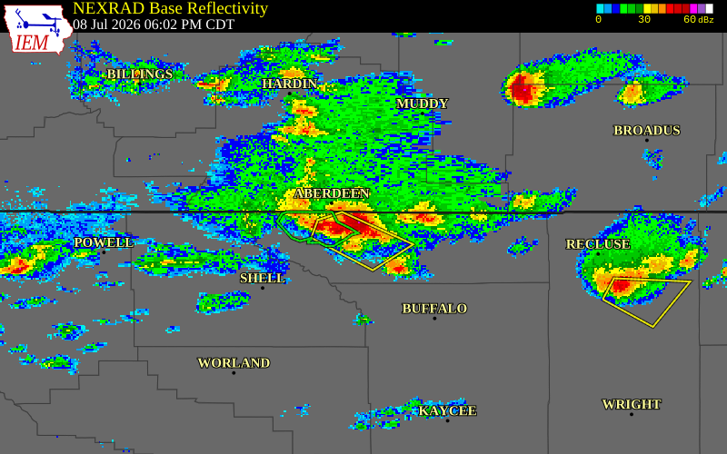 NEXRAD radar during the Wednesday, July 8, 2026 storm activity in Sheridan County, Wyoming