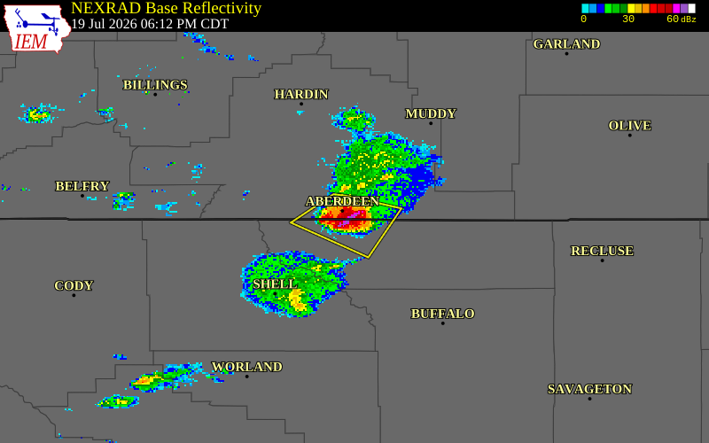 NEXRAD radar during the Sunday, July 19, 2026 storm activity in Sheridan County, Wyoming