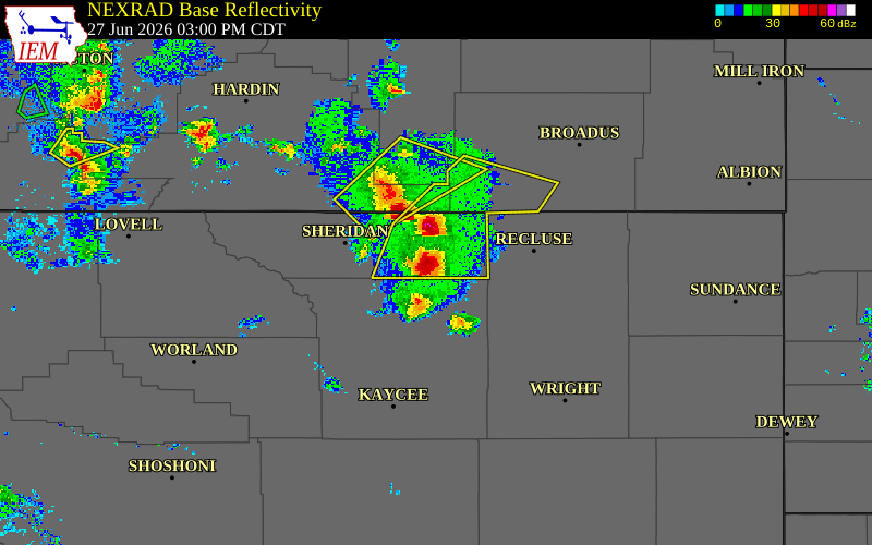 Radar snapshot during the Jun 27, 2026 hail event near 3 SSE Clearmont, Sheridan County, Wyoming, with NWS warning polygons
