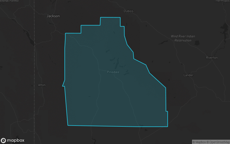 Map of Sublette County, Wyoming showing the county boundary and surrounding cities