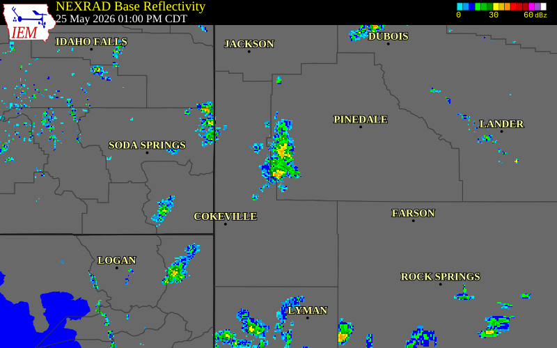 NEXRAD radar during the Monday, May 25, 2026 storm activity in Sublette County, Wyoming