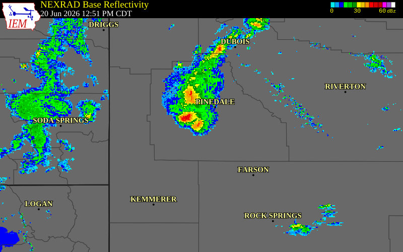 NEXRAD radar during the Saturday, June 20, 2026 storm activity in Sublette County, Wyoming