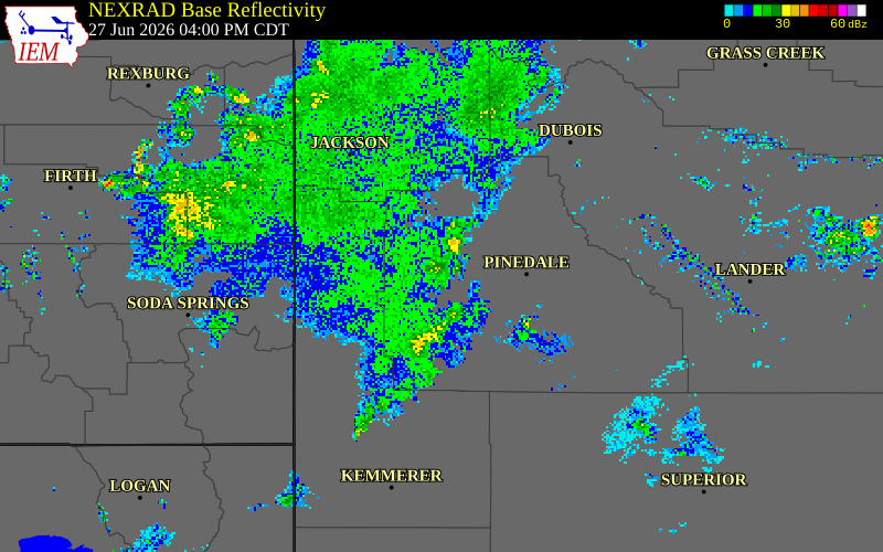 NEXRAD radar during the Saturday, June 27, 2026 storm activity in Sublette County, Wyoming