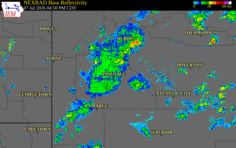 NEXRAD radar during the Tuesday, July 7, 2026 storm activity in Sublette County, Wyoming