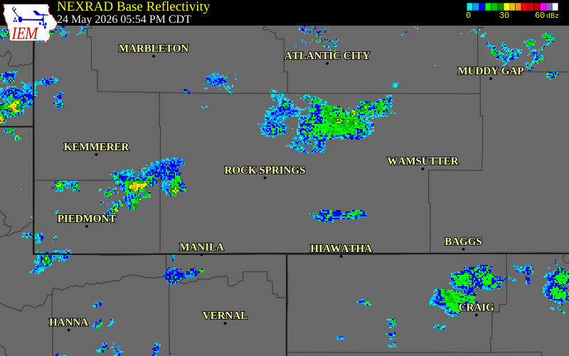 NEXRAD radar during the Sunday, May 24, 2026 storm activity in Sweetwater County, Wyoming