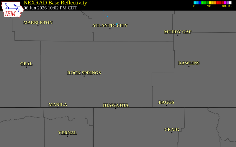NEXRAD radar during the Saturday, June 6, 2026 storm activity in Sweetwater County, Wyoming