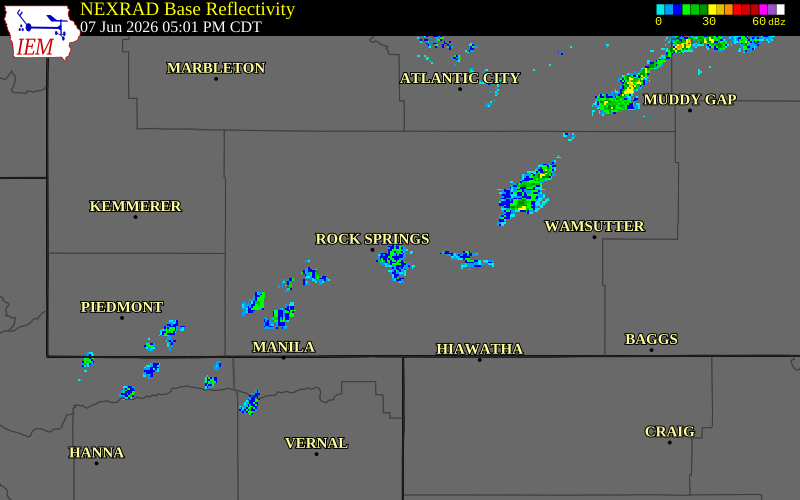 NEXRAD radar during the Sunday, June 7, 2026 storm activity in Sweetwater County, Wyoming