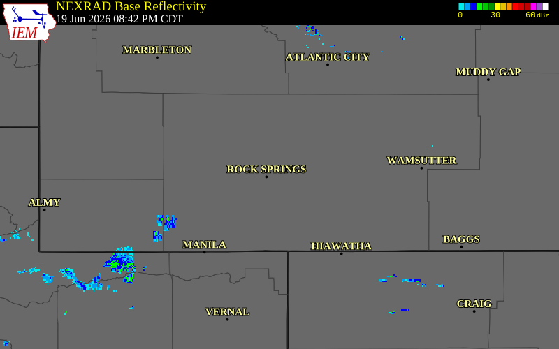 NEXRAD radar during the Friday, June 19, 2026 storm activity in Sweetwater County, Wyoming